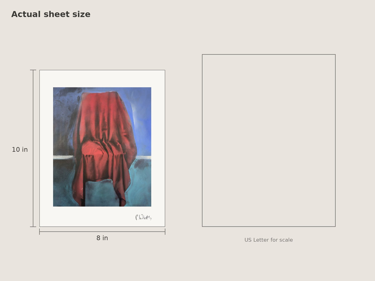 “Red, Falling Straight” by Peter Wirth, sheet size 8 × 10 in beside a US Letter sheet