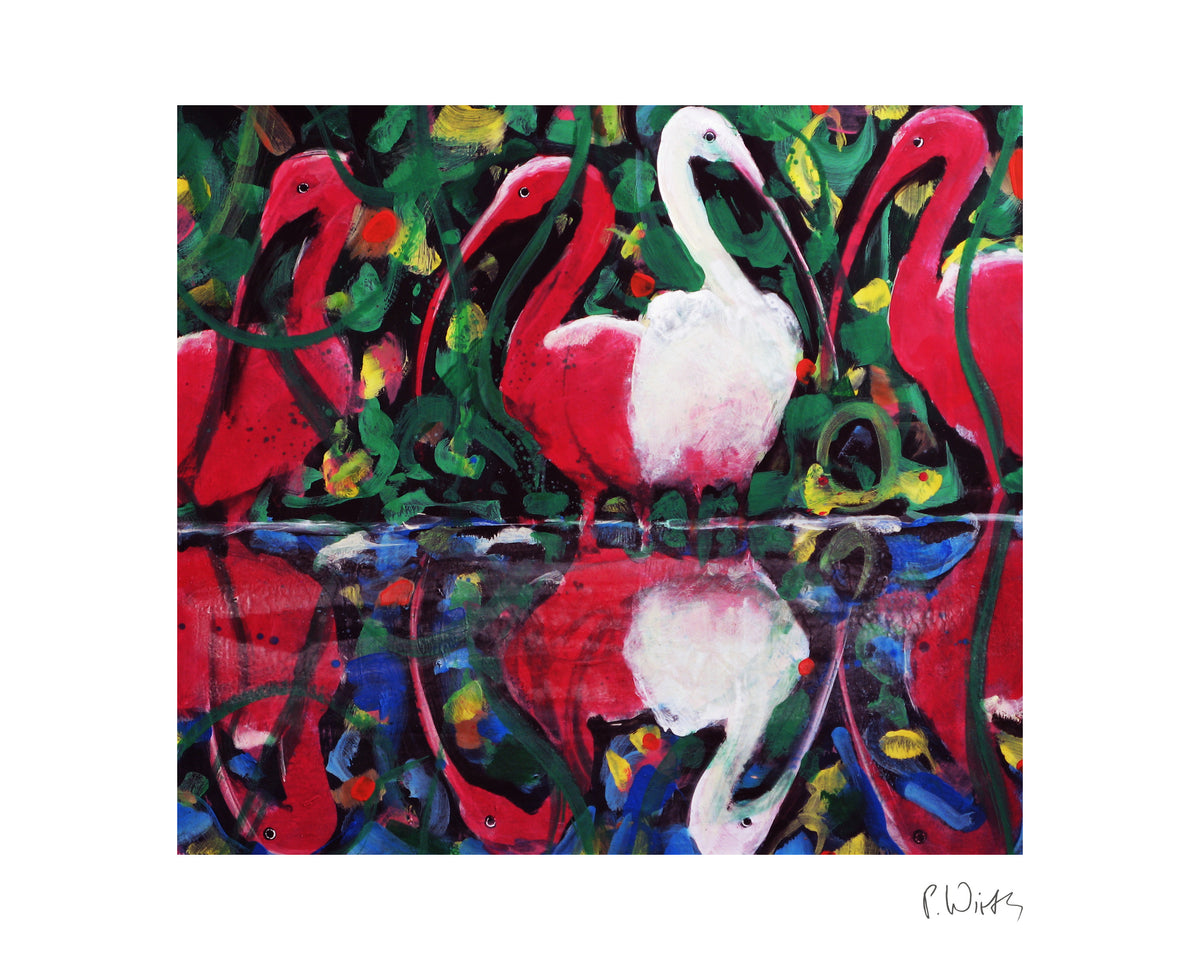 Red Ibises and One White — fine art print after Peter Wirth, sheet with white border and signature