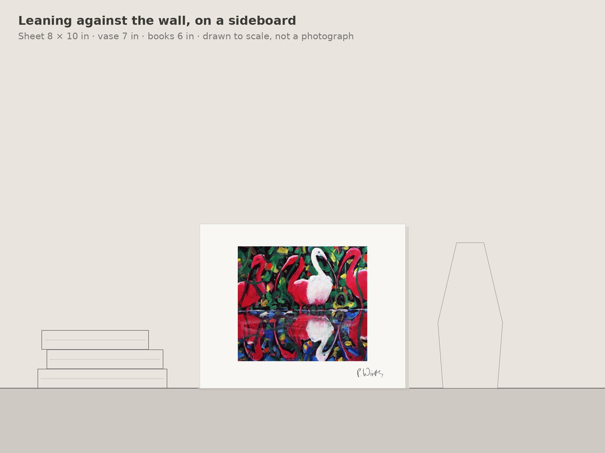Red Ibises and One White by Peter Wirth, leaning against the wall on a sideboard, drawn to scale