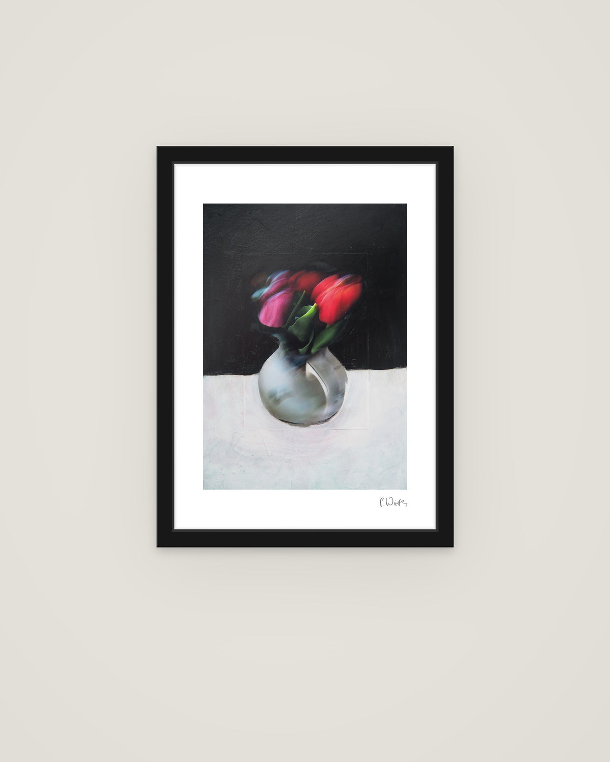 Red Tulips in Grey by Peter Wirth, framed in slim black wood with acrylic glazing