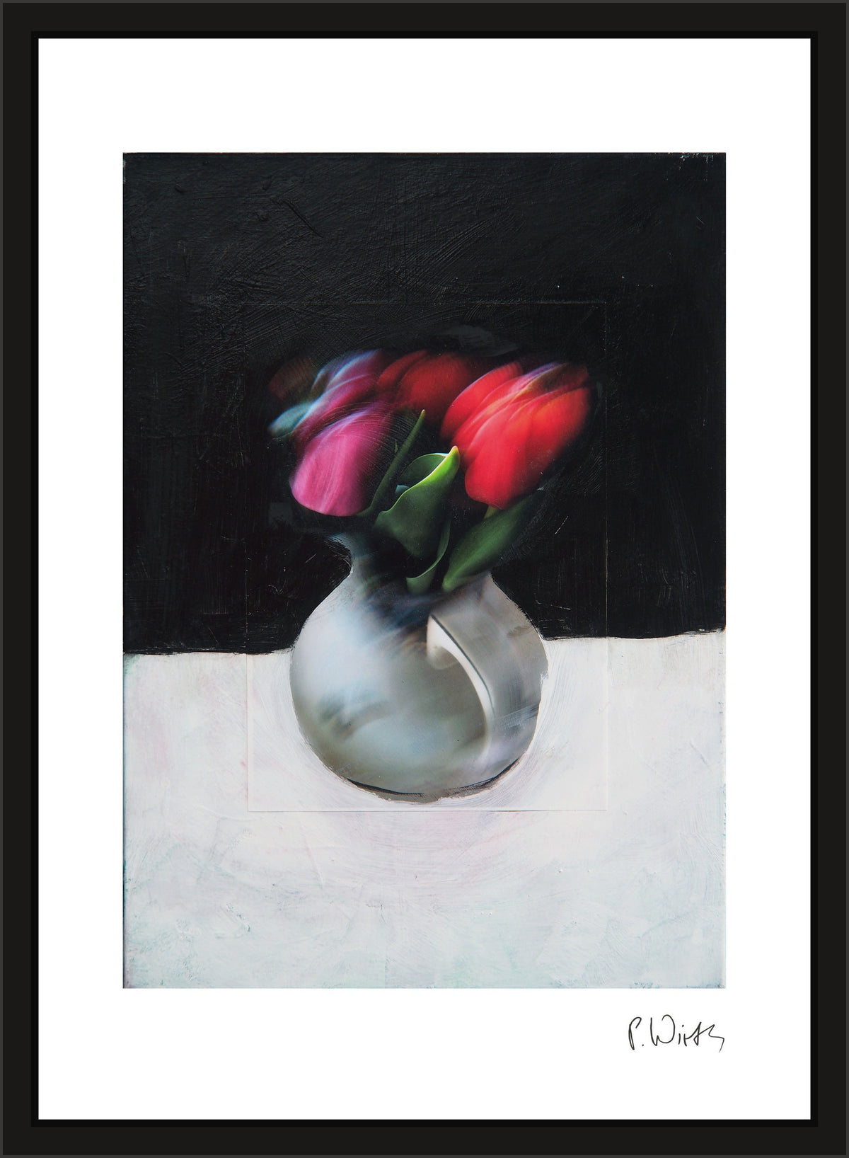 Red Tulips in Grey — framed in narrow black wood with acrylic glazing, no mount