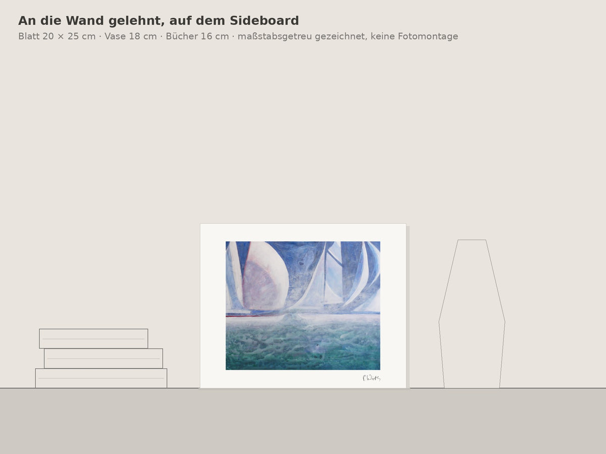 „Regatta im Dunst“ von Peter Wirth, an die Wand gelehnt auf einem Sideboard, maßstabsgetreu gezeichnet