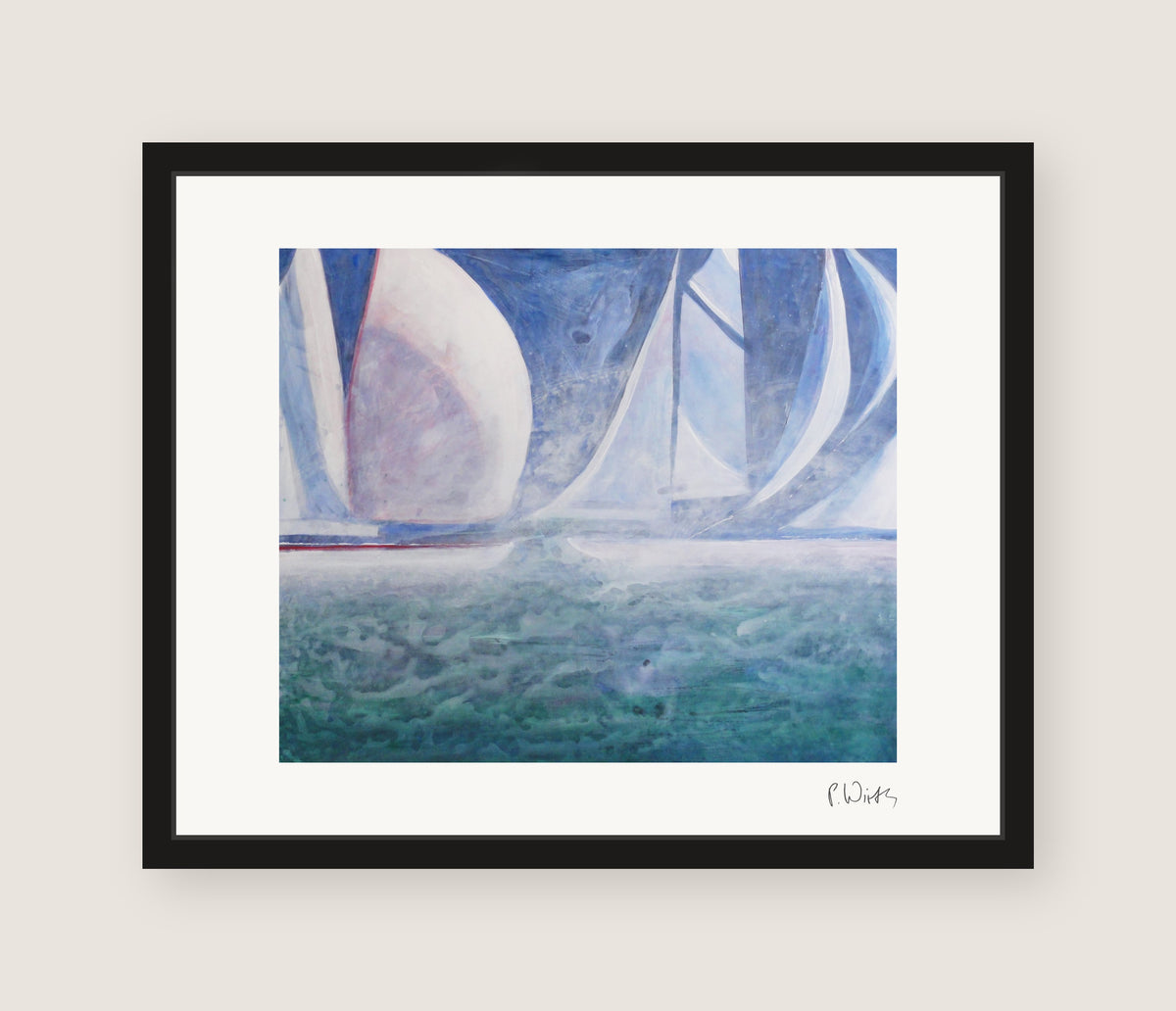 “Regatta in the Haze” by Peter Wirth, framed in slim black wood with acrylic glazing, no mat