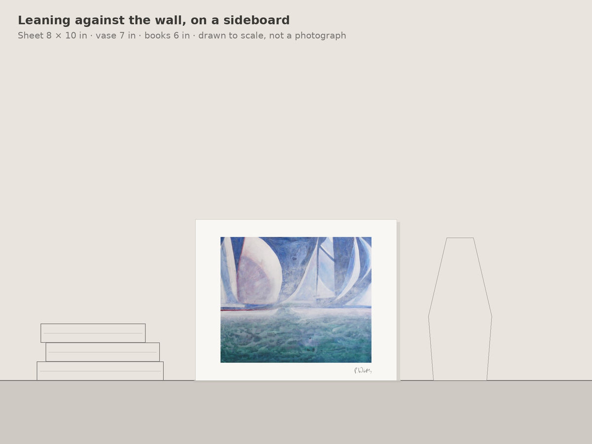 “Regatta in the Haze” by Peter Wirth, leaning against the wall on a sideboard, drawn to scale