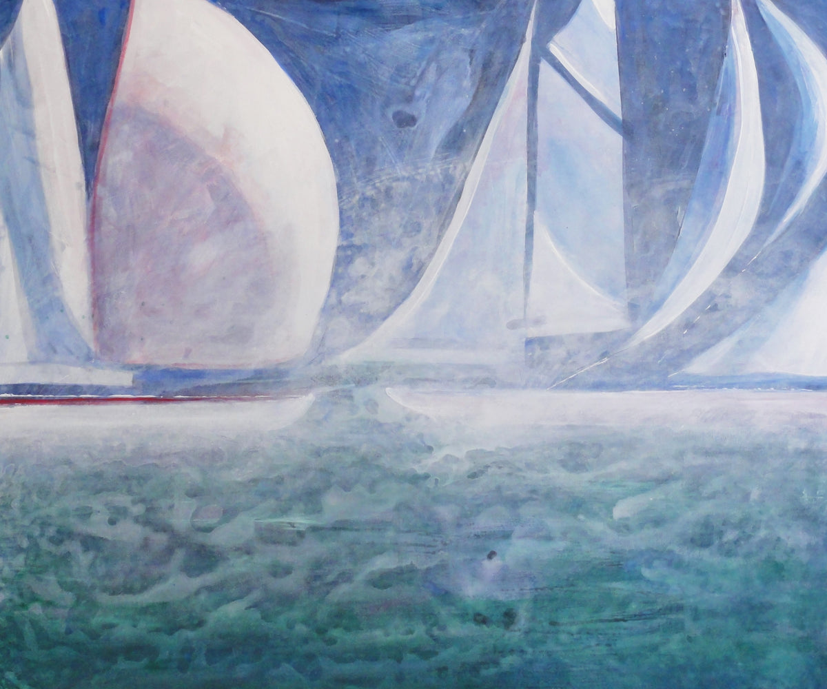 Yachts under white sail in the haze above green and turquoise water — Peter Wirth