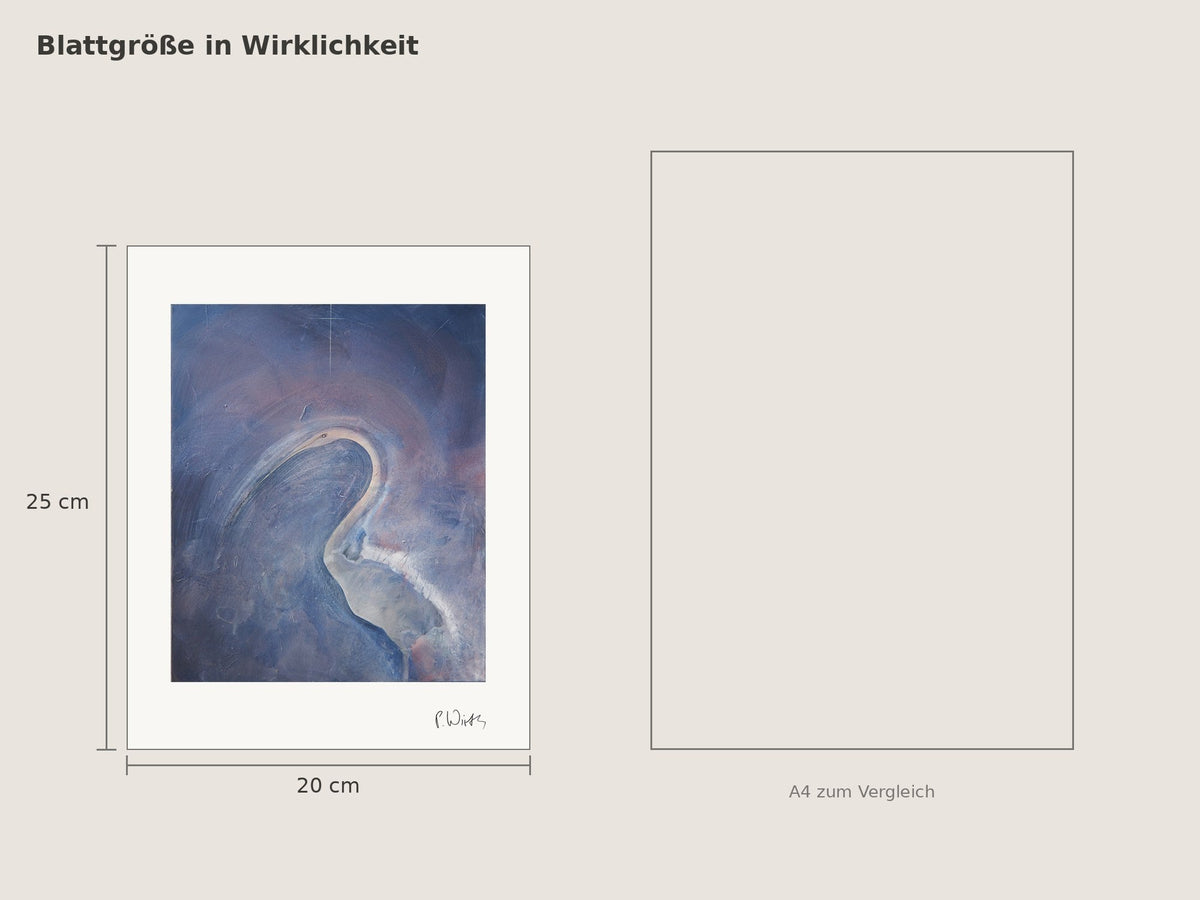 Reiher von Peter Wirth, Blattgröße 20 × 25 cm neben einem A4-Blatt