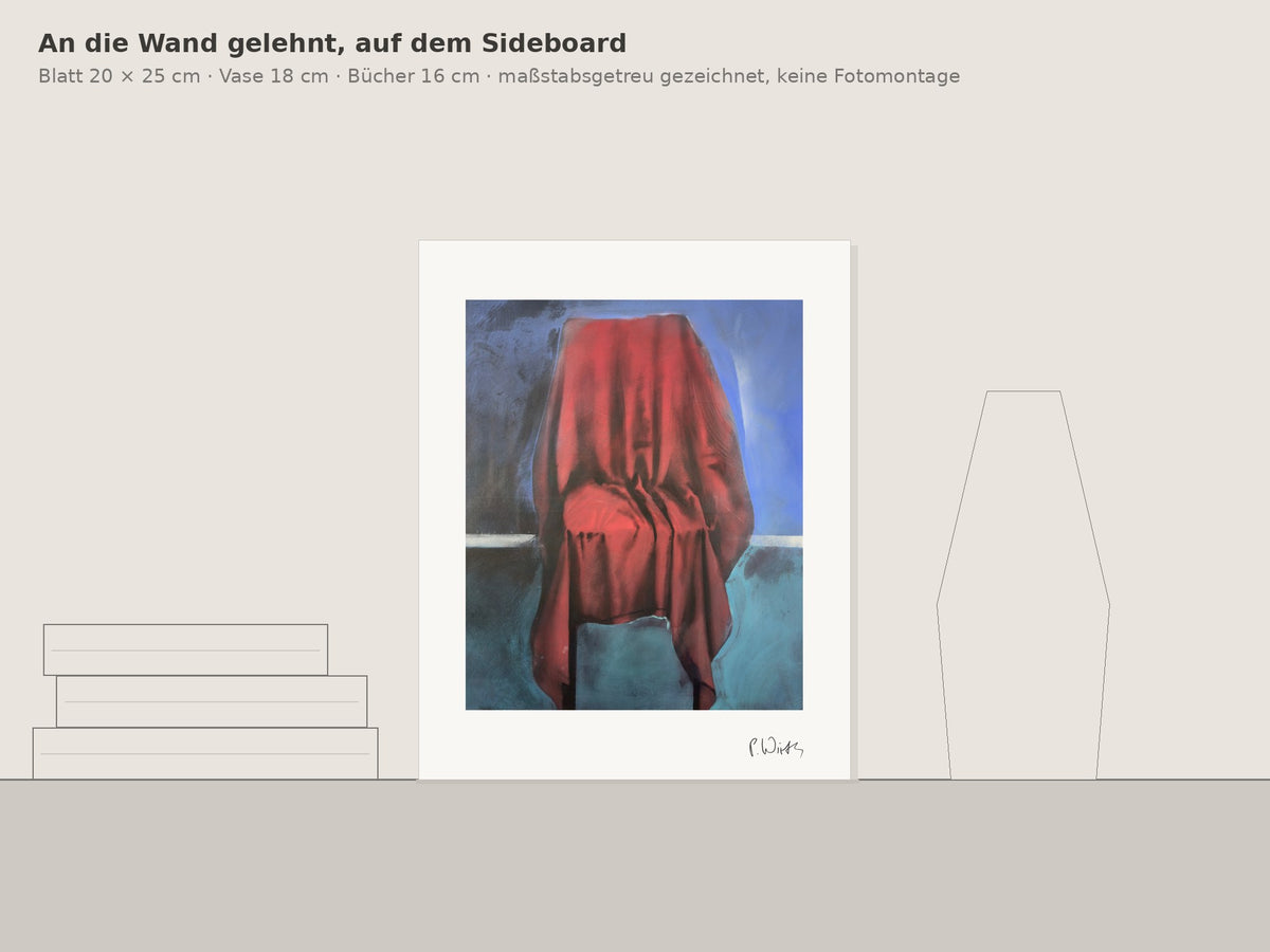 „Rot, senkrecht fallend“ von Peter Wirth, an die Wand gelehnt auf einem Sideboard, maßstabsgetreu gezeichnet