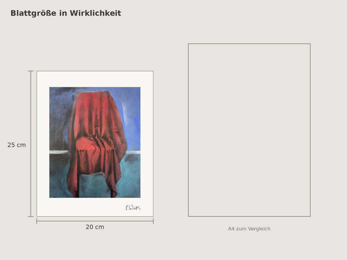 „Rot, senkrecht fallend“ von Peter Wirth, Blattgröße 20 × 25 cm neben einem A4-Blatt
