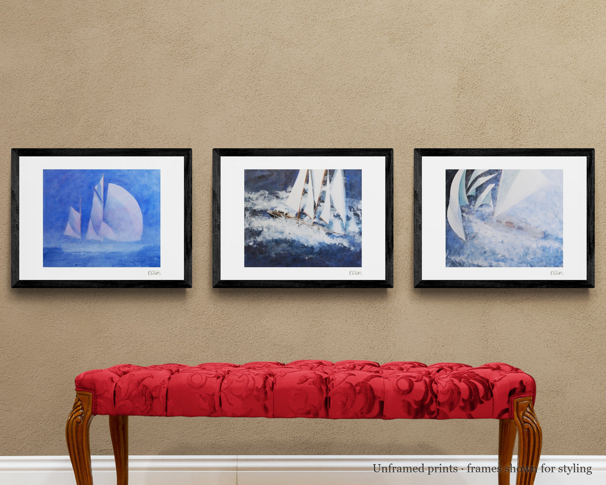 Sailing Ships II · Three by Peter Wirth, the set shown framed on a wall – unframed prints, frames shown for styling