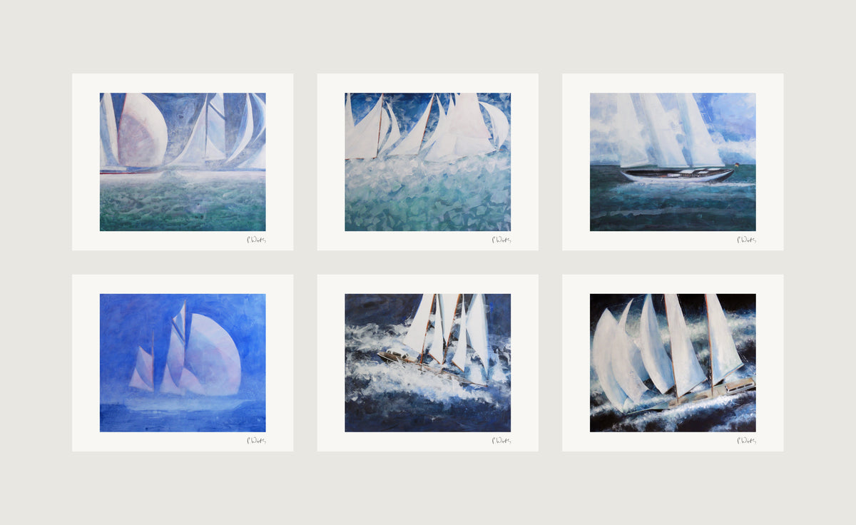 Six sheets in two rows of three: Regatta in the Haze · Sails over Turquoise · The Dark Hull · Sails in Blue Mist · Through White Water · White Sails at Night — Peter Wirth