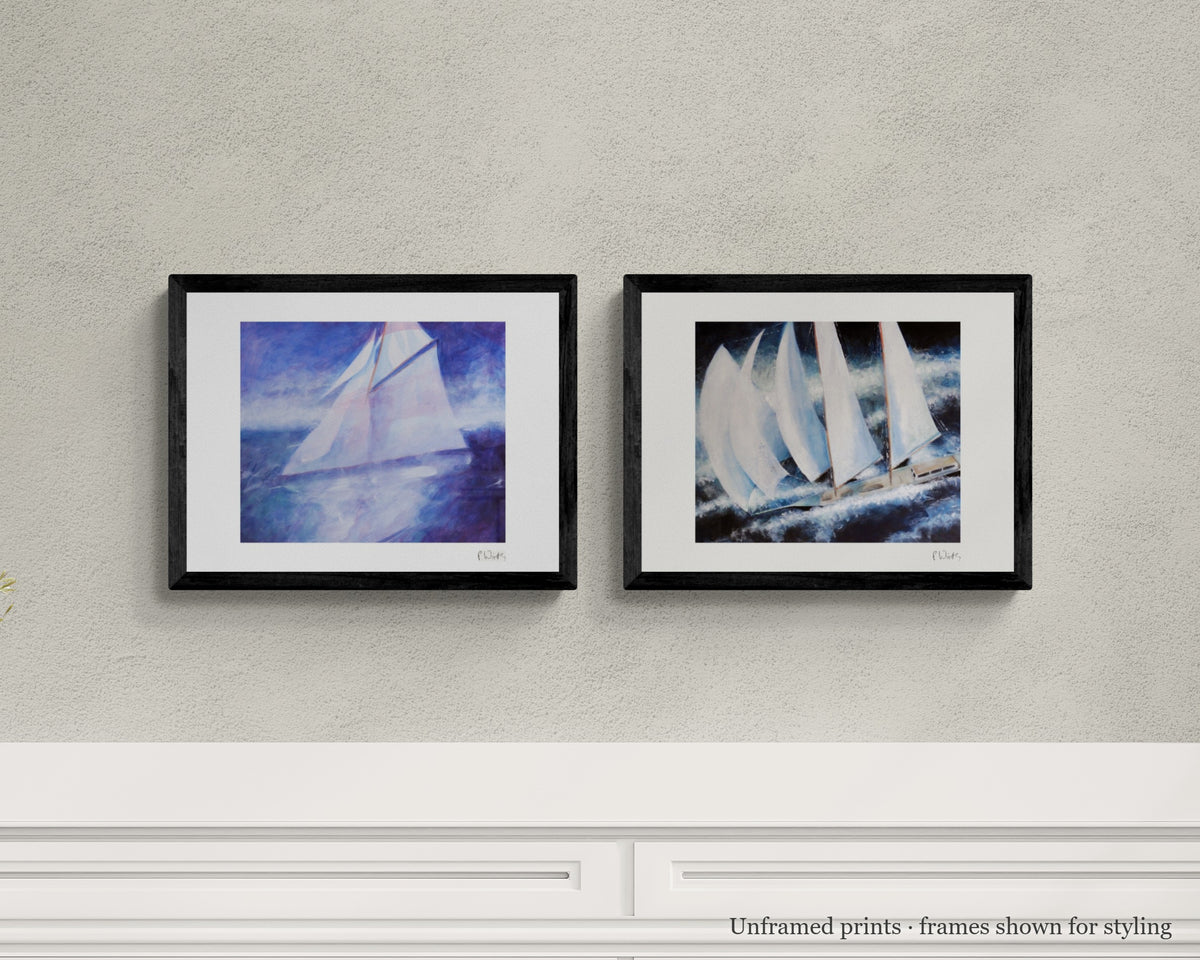 Sails at Dusk · Two by Peter Wirth, the set shown framed on a wall – unframed prints, frames shown for styling
