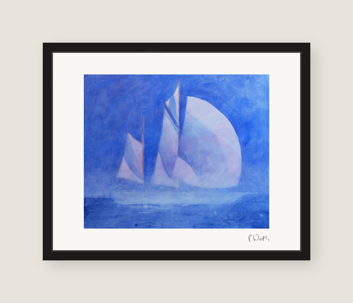 “Sails in Blue Mist” by Peter Wirth, framed in slim black wood with acrylic glazing, no mat