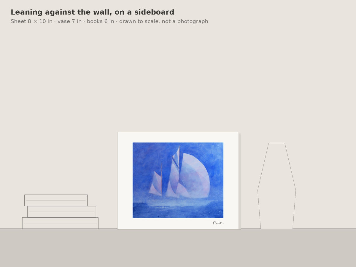 “Sails in Blue Mist” by Peter Wirth, leaning against the wall on a sideboard, drawn to scale