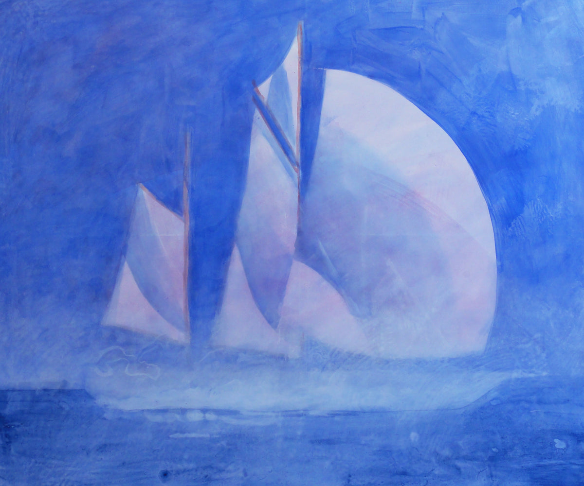 A yacht under full sail, almost transparent, in an even blue — Peter Wirth