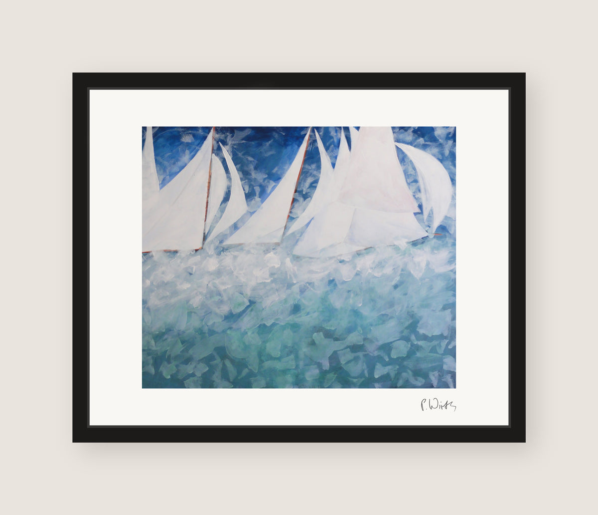 “Sails over Turquoise” by Peter Wirth, framed in slim black wood with acrylic glazing, no mat