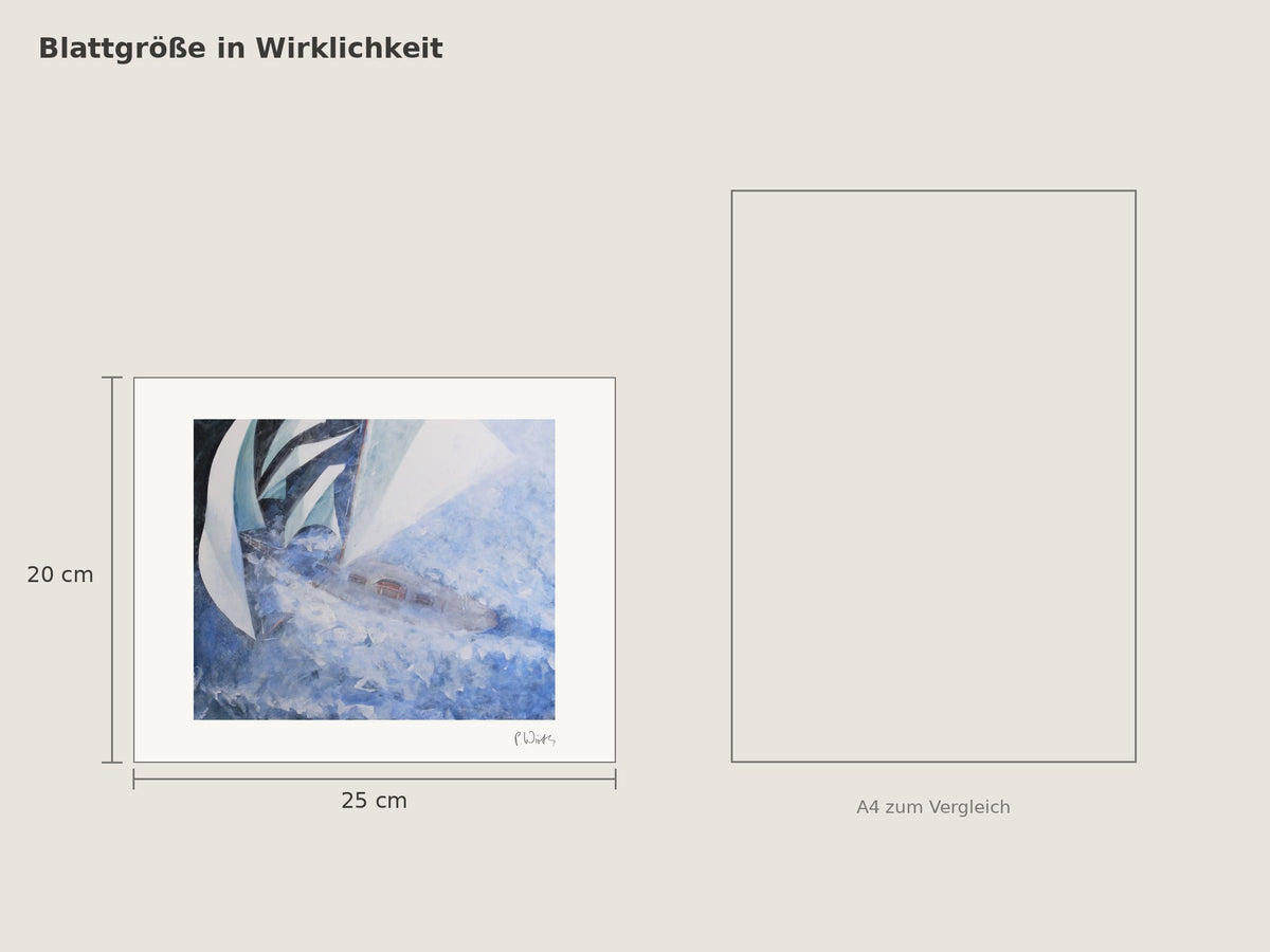 „Schräglage in der Gischt“ von Peter Wirth, Blattgröße 20 × 25 cm neben einem A4-Blatt