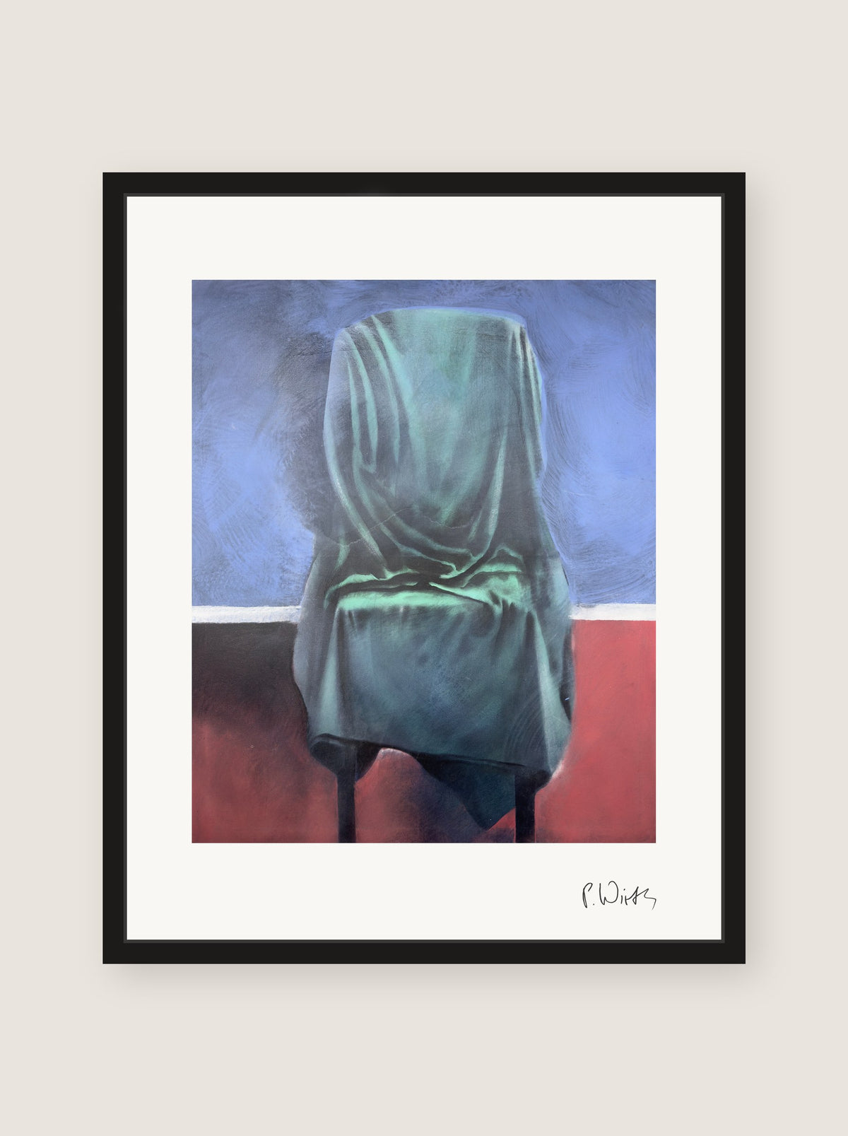 Sea Green over the Chair by Peter Wirth, framed in slim black wood with acrylic glazing, no mat