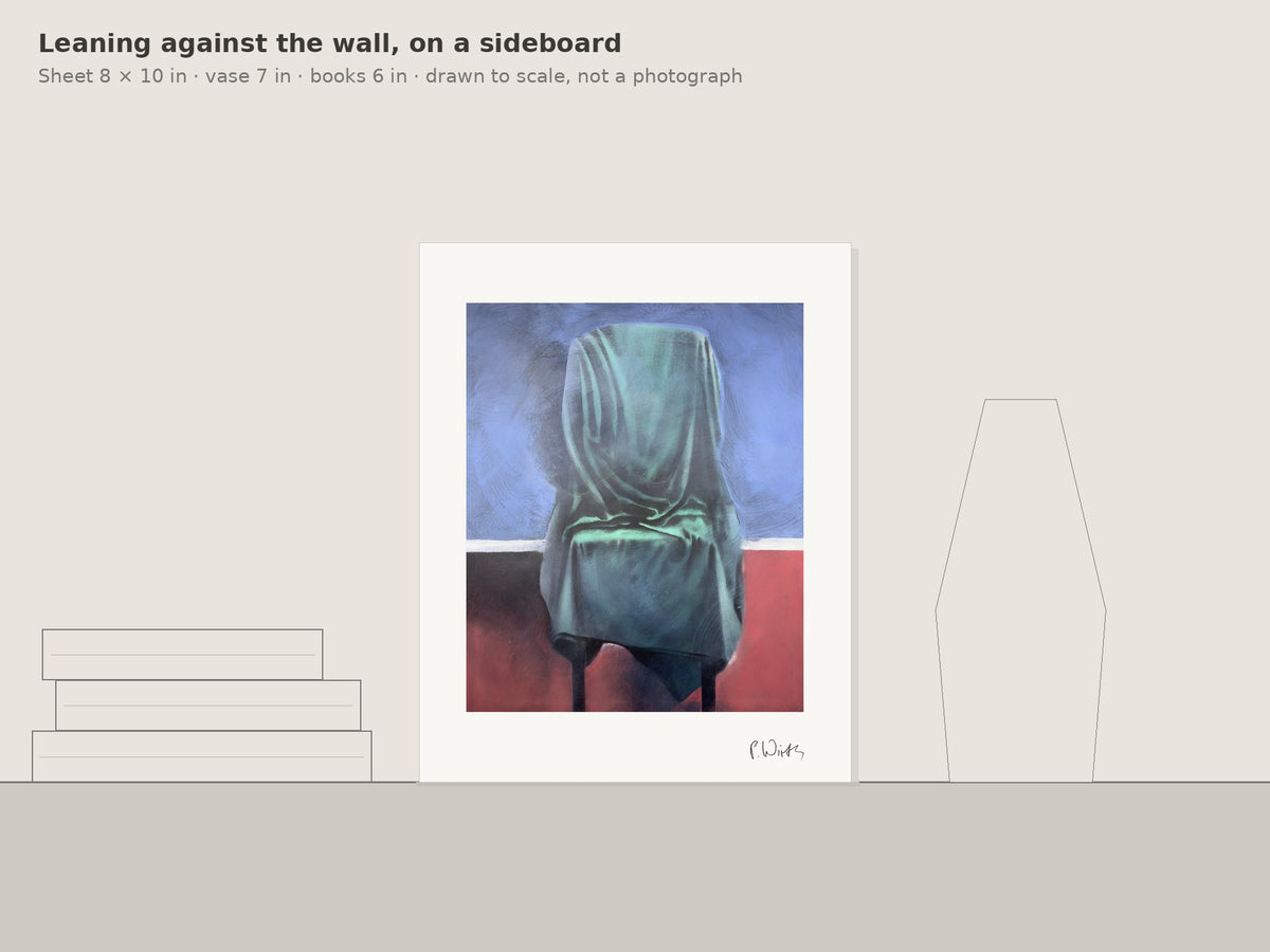 Sea Green over the Chair by Peter Wirth, leaning against the wall on a sideboard, drawn to scale