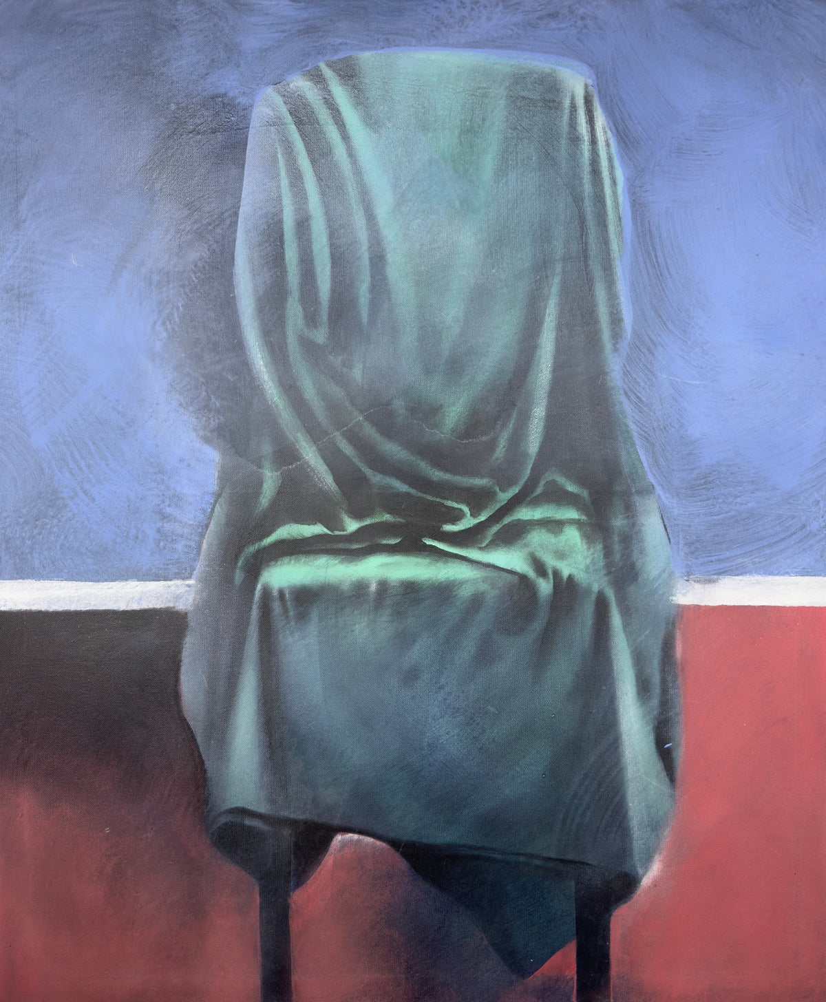 A sea-green cloth over a chair, before blue, a white line and red-brown — Peter Wirth