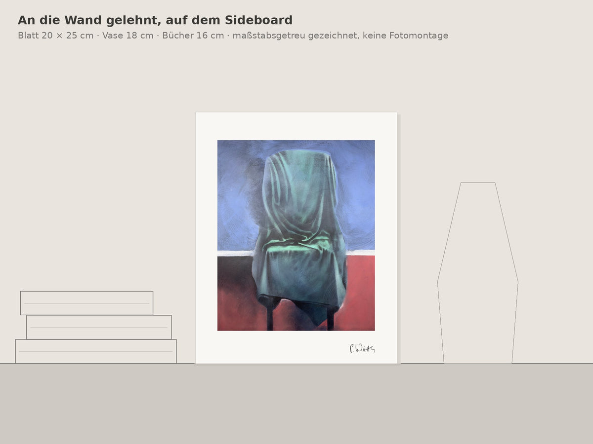 Seegrün über dem Stuhl von Peter Wirth, an die Wand gelehnt auf einem Sideboard, maßstabsgetreu gezeichnet