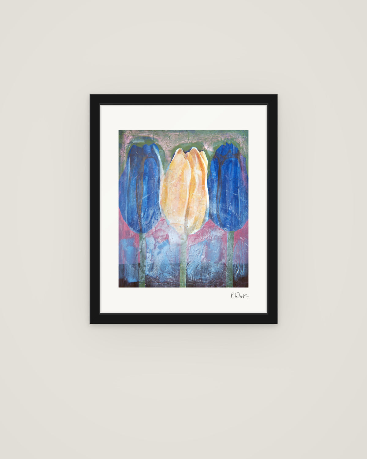 Tulips I by Peter Wirth, framed in slim black wood with acrylic glazing