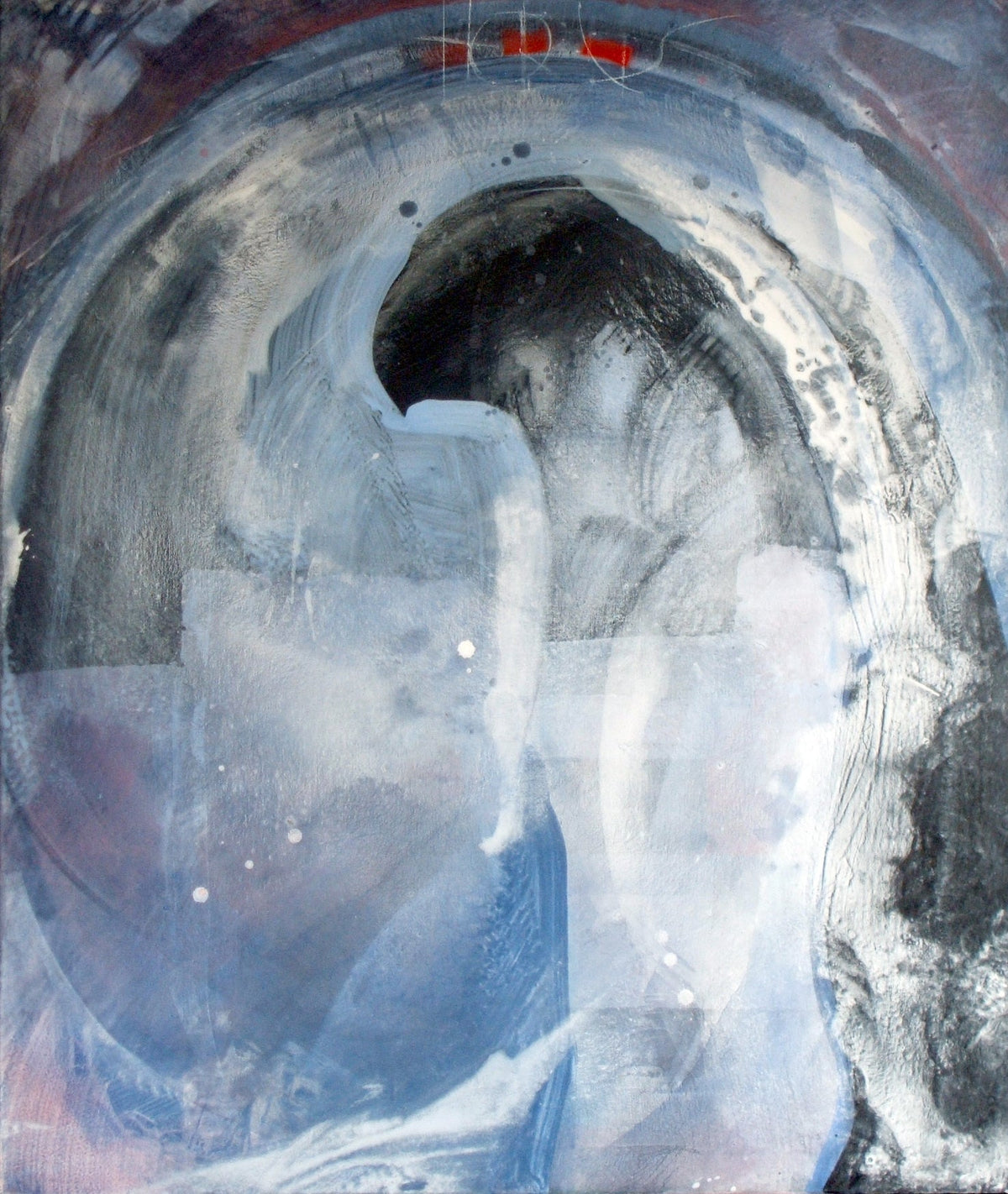 A dark arch over a lighter field, two red marks above. Nearly monochrome — Peter Wirth
