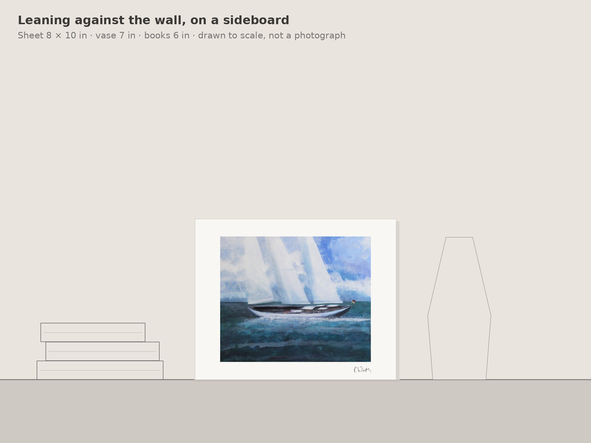 “The Dark Hull” by Peter Wirth, leaning against the wall on a sideboard, drawn to scale