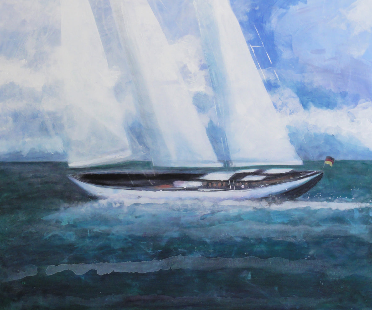 A dark-hulled yacht on grey-green sea, her sails dissolving into a bright sky — Peter Wirth