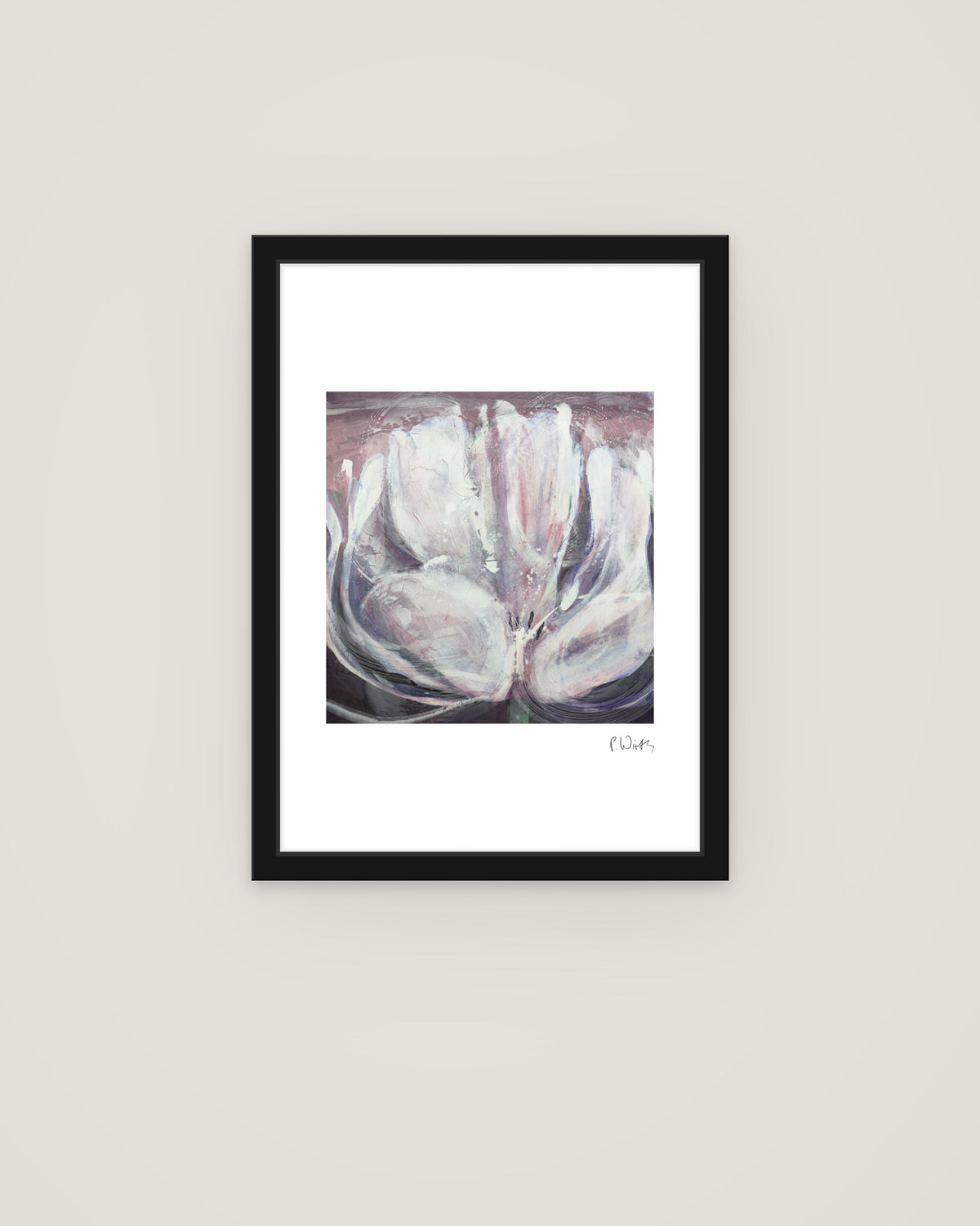 The Large White Tulip by Peter Wirth, framed in slim black wood with acrylic glazing