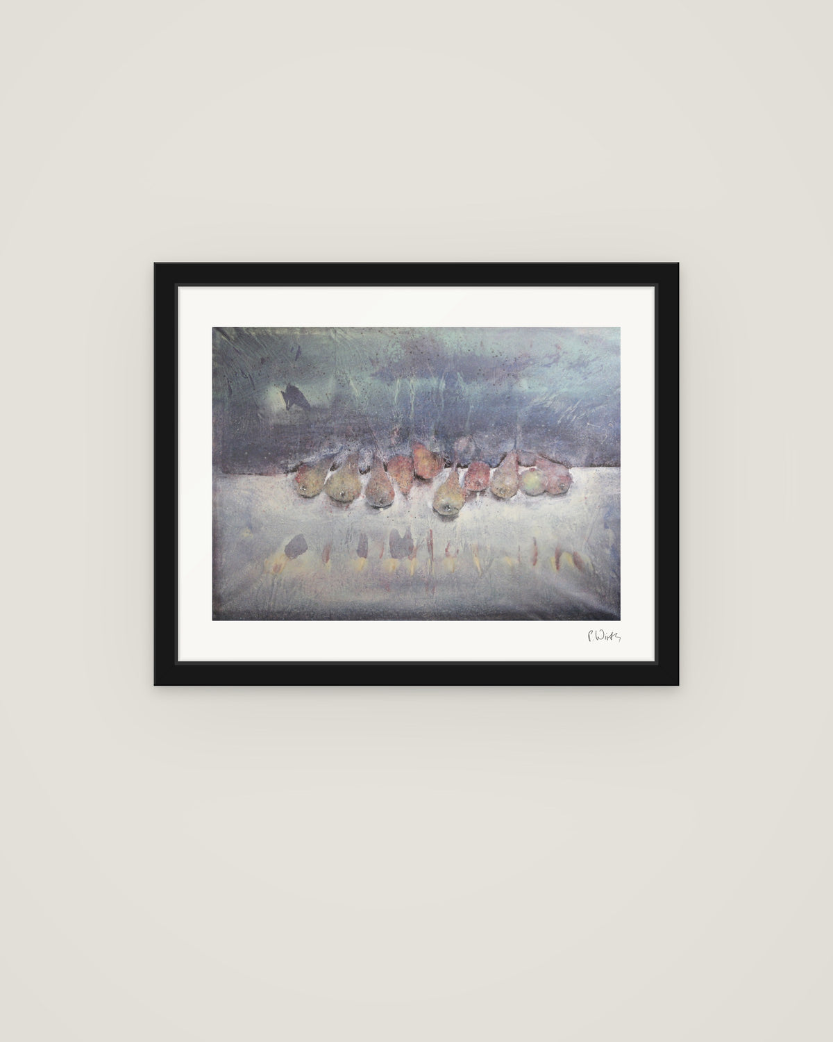 The Row of Pears by Peter Wirth, framed in slim black wood with acrylic glazing