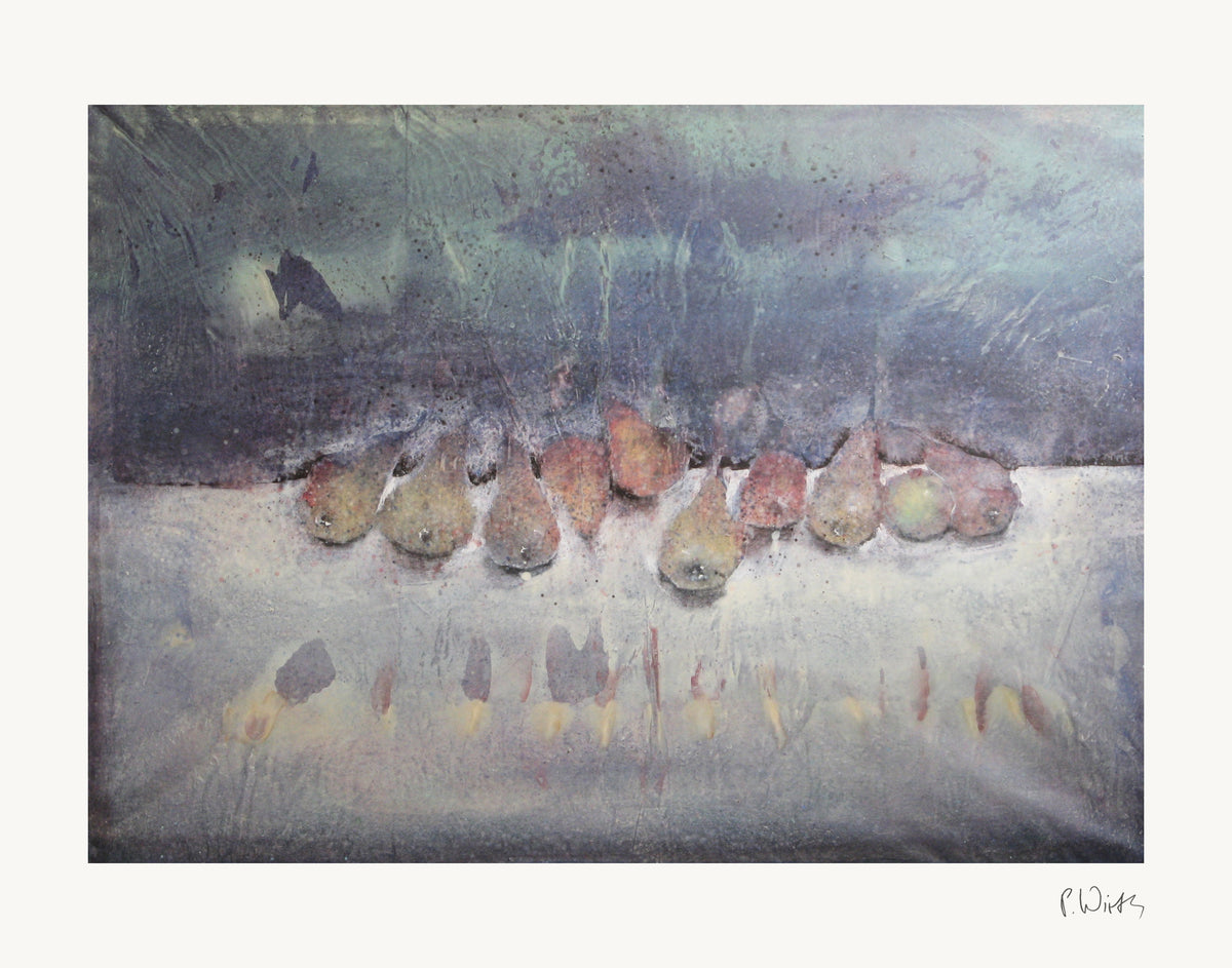 The Row of Pears by Peter Wirth, the full sheet with its white margin and printed signature
