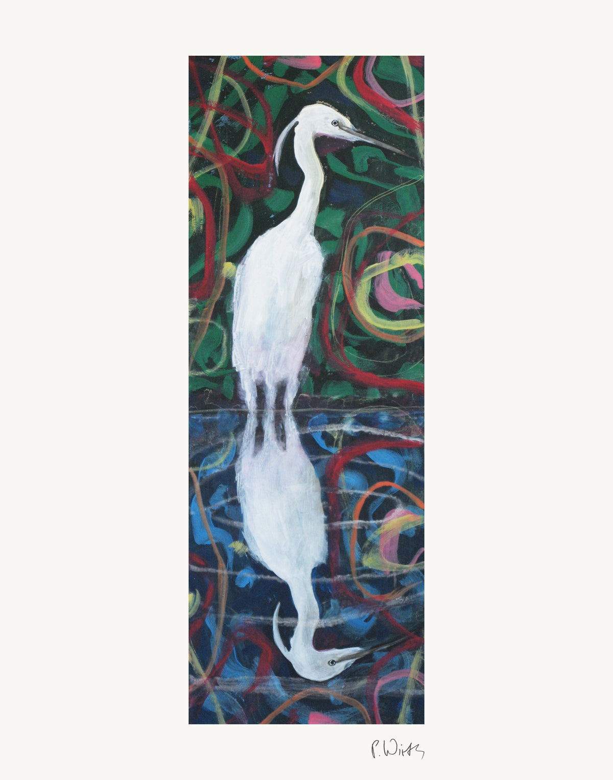 The White Egret, Reflected by Peter Wirth, the full sheet with its white margin and printed signature