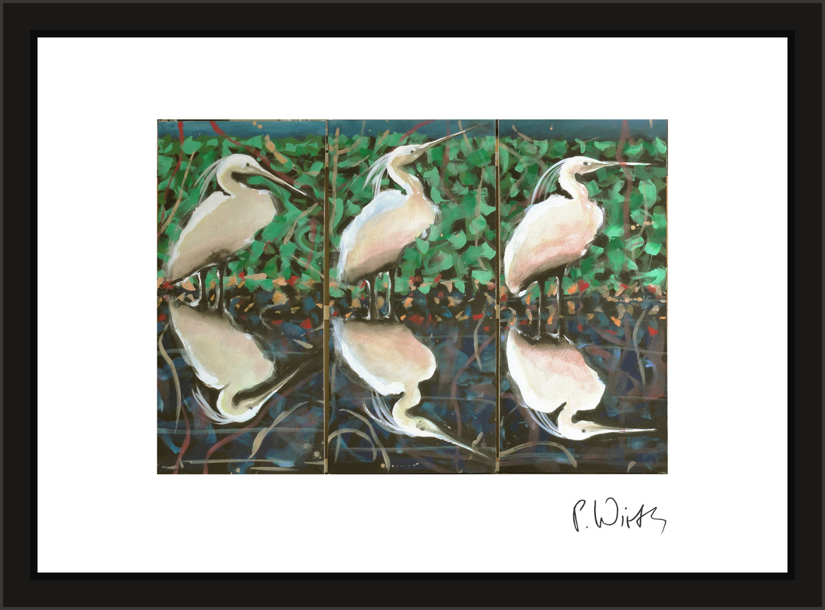 Three Egrets in Foliage — framed in narrow black wood with acrylic glazing, no mount
