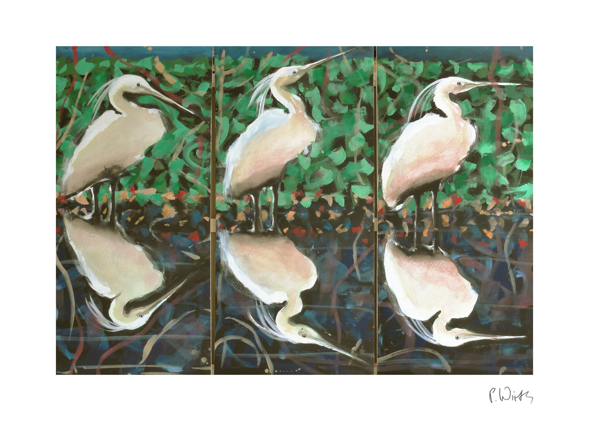 Three Egrets in Foliage — fine art print after Peter Wirth, sheet with white border and signature