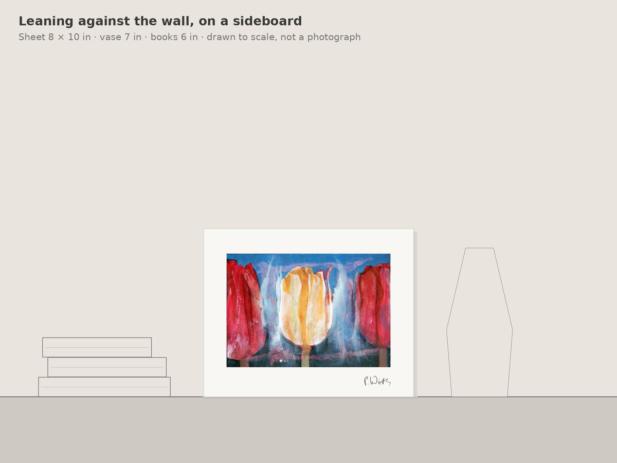 Tulips II by Peter Wirth, leaning against the wall on a sideboard, drawn to scale