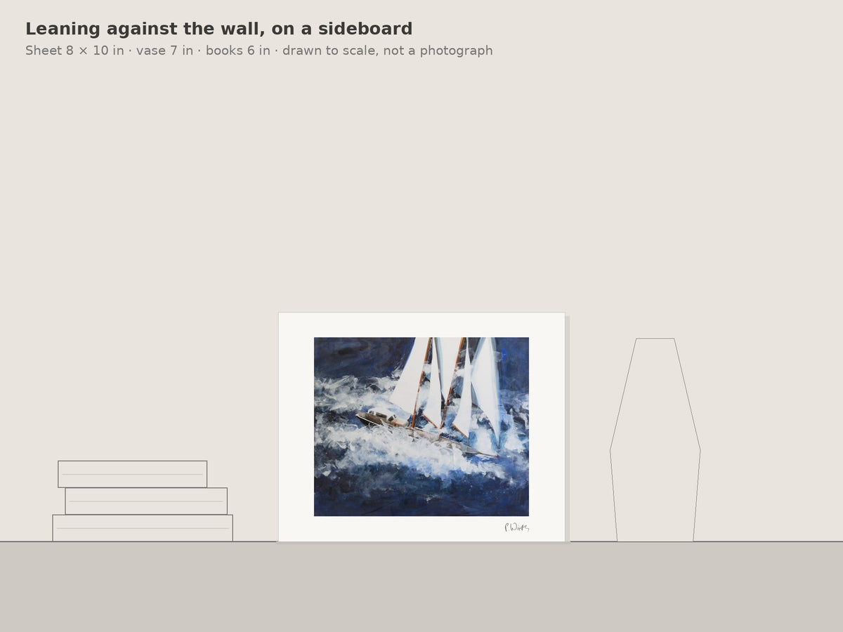 “Through White Water” by Peter Wirth, leaning against the wall on a sideboard, drawn to scale