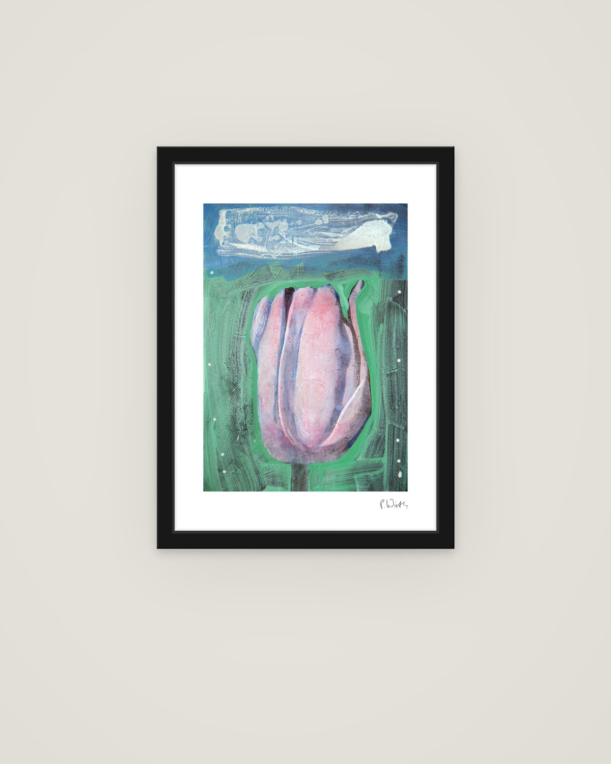 Tulip on Green by Peter Wirth, framed in slim black wood with acrylic glazing