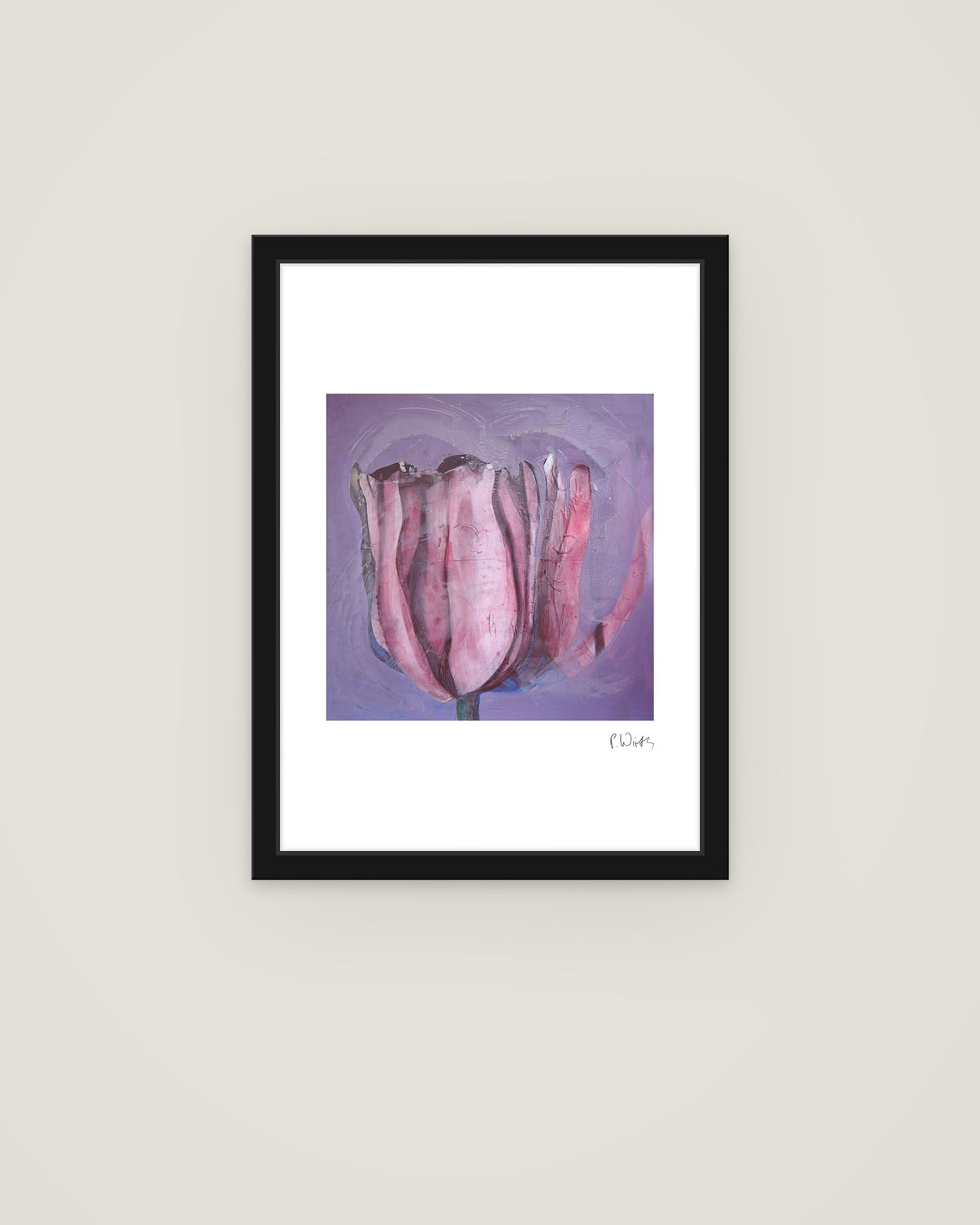 Tulip on Lilac by Peter Wirth, framed in slim black wood with acrylic glazing