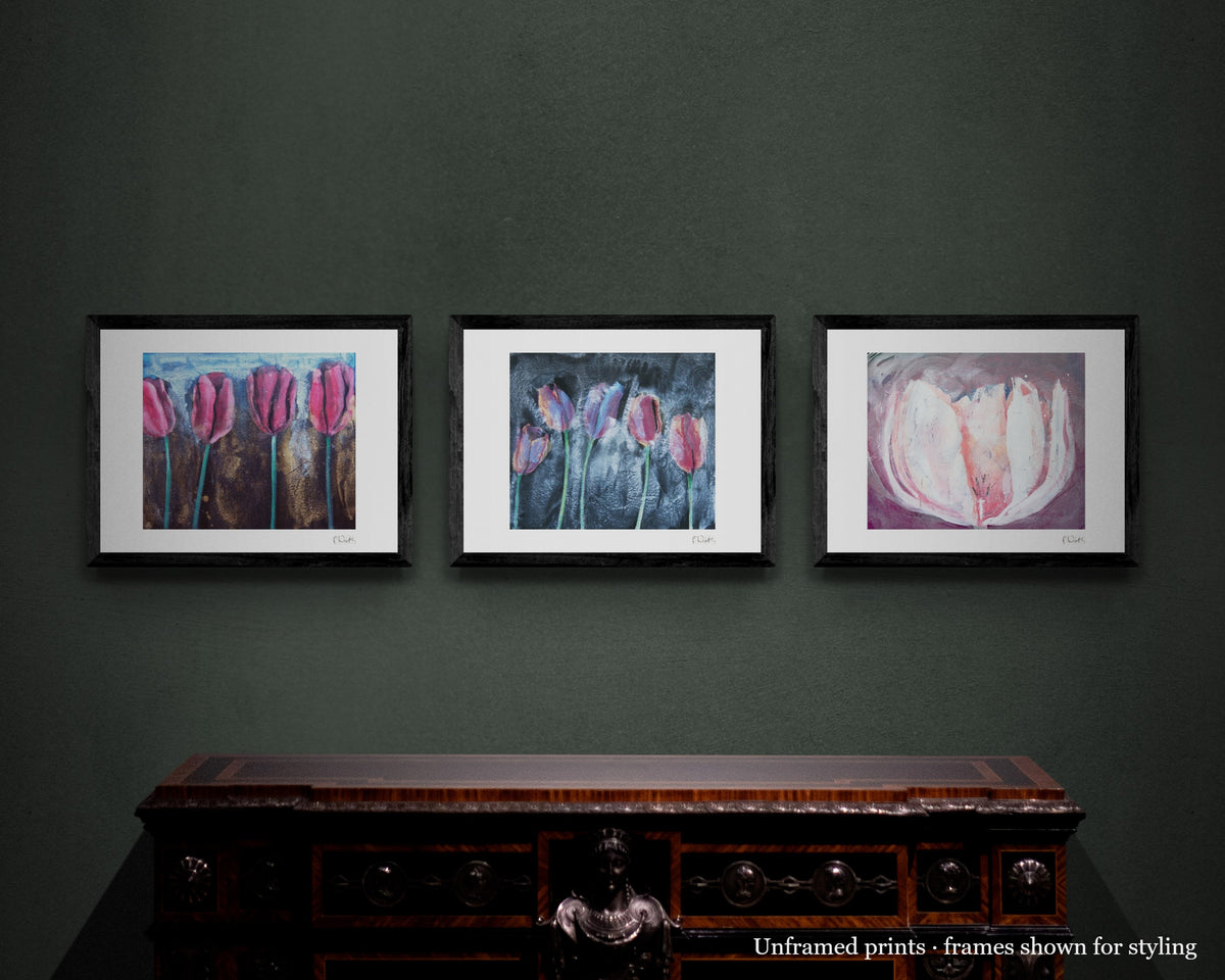 Tulips at Dusk · Three by Peter Wirth, the set shown framed on a wall – unframed prints, frames shown for styling