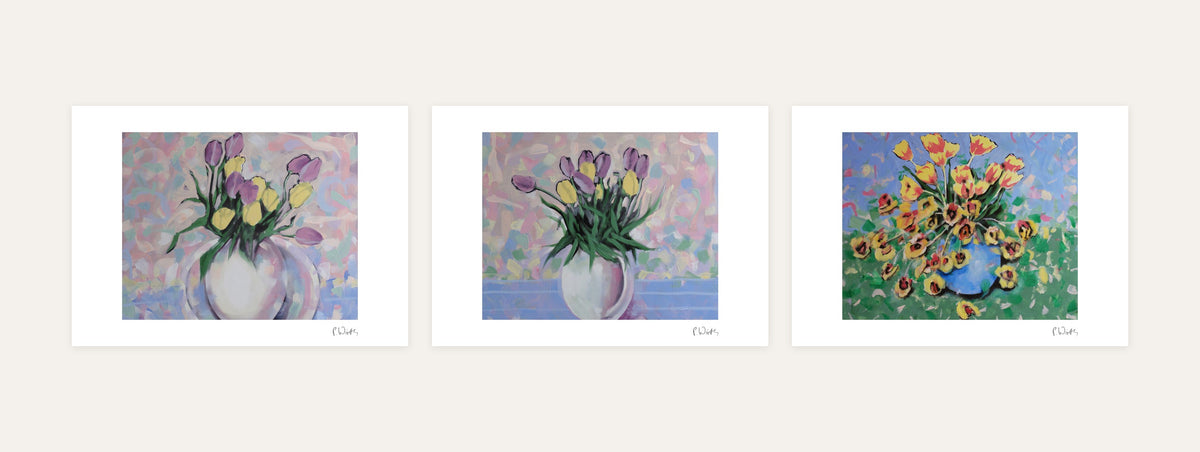 Tulips in a Vase · Three – every sheet of the set with its white margin and printed signature, laid out side by side