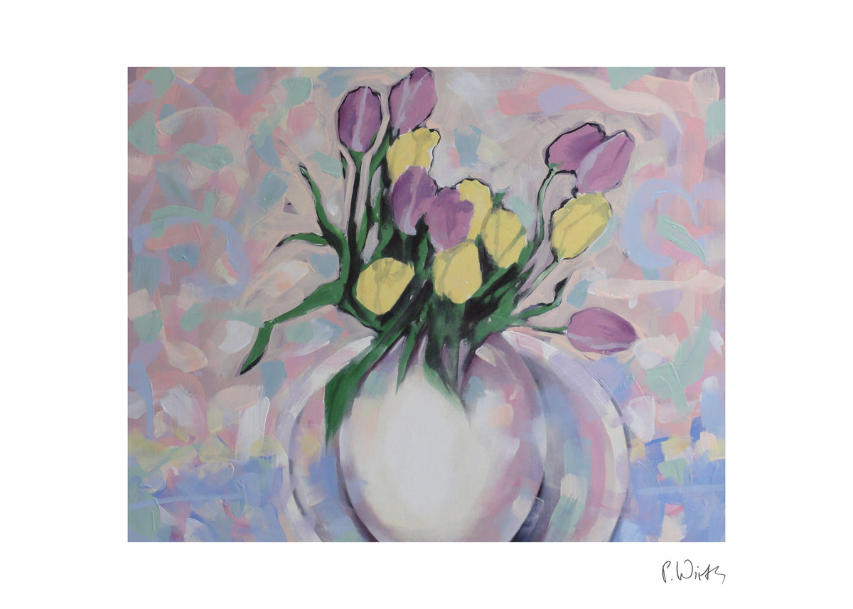 Tulips in a White Vase — fine art print after Peter Wirth, sheet with white border and signature