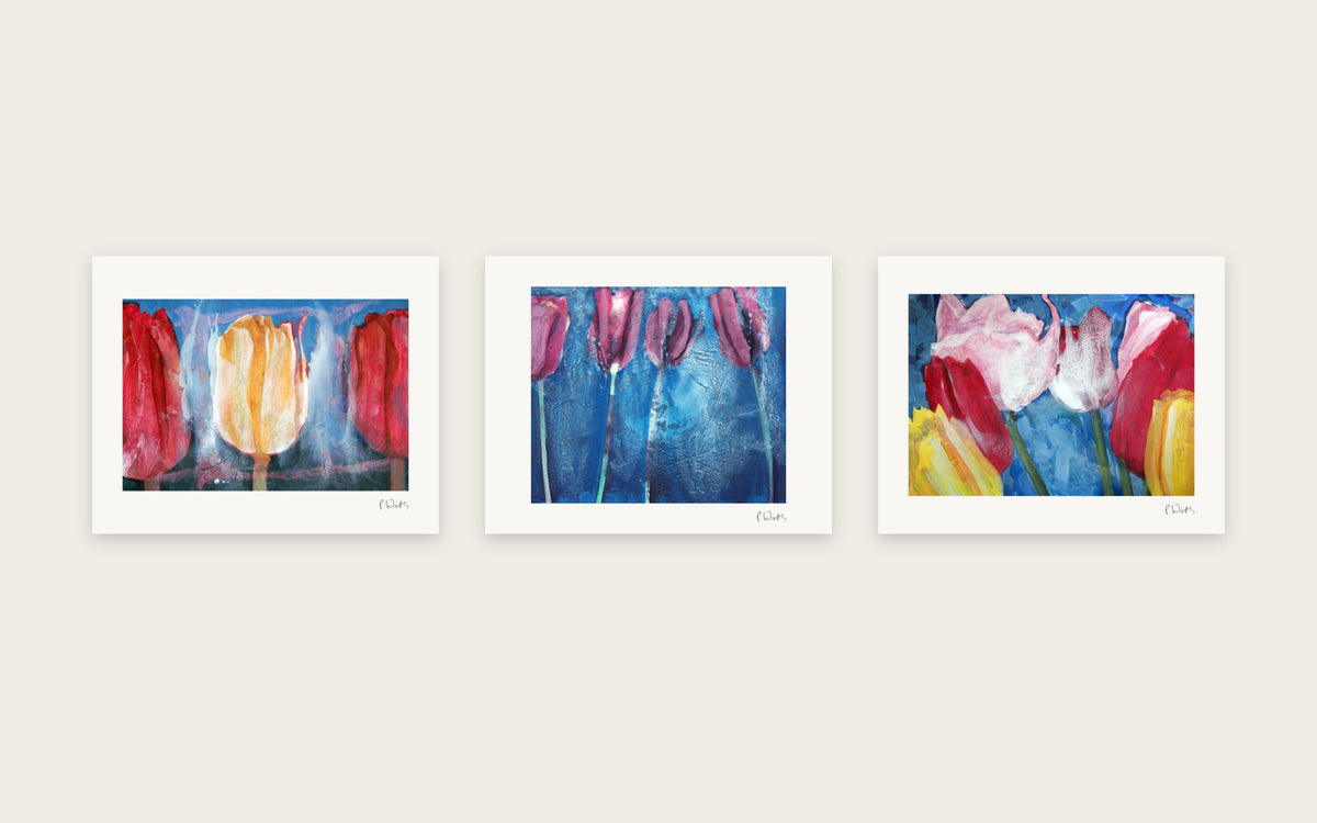 Tulips in Blue Light by Peter Wirth, a set of 3 prints shown side by side