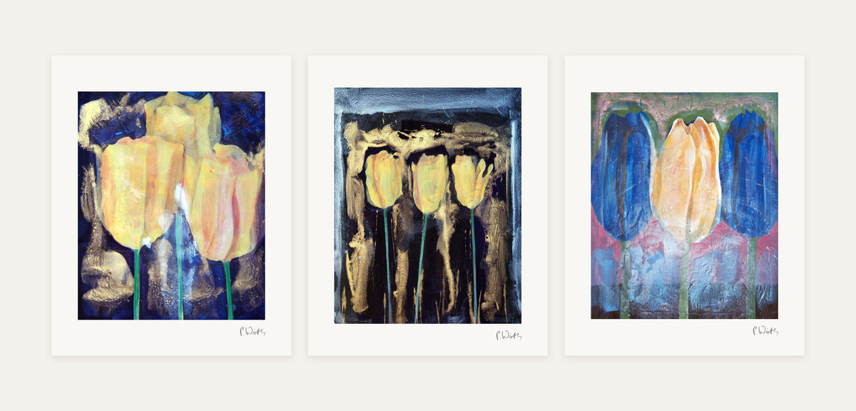 Tulips in Gold and Blue · Three – every sheet of the set with its white margin and printed signature, laid out side by side