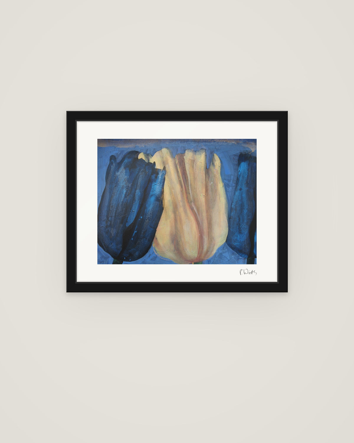 Three Tulips in Blue and Cream by Peter Wirth, framed in slim black wood with acrylic glazing