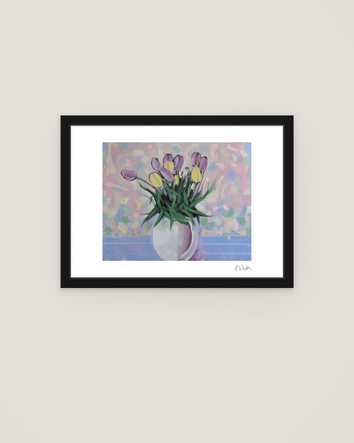 Tulips on a Blue Table by Peter Wirth, framed in slim black wood with acrylic glazing