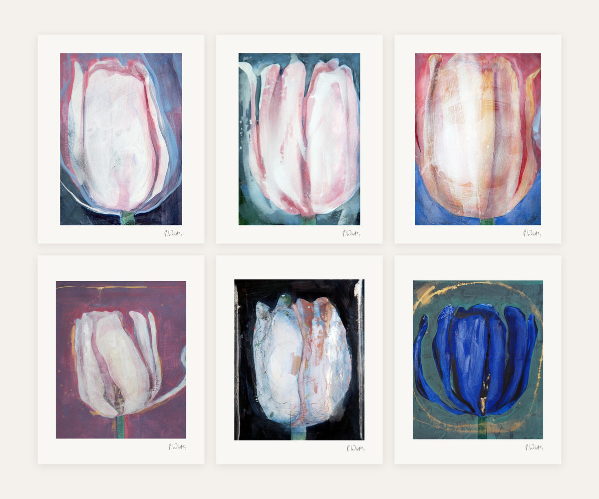 Tulips Up Close · Six – every sheet of the set with its white margin and printed signature, laid out side by side