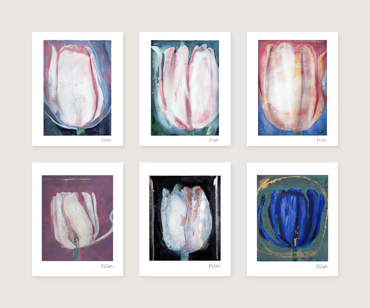 Sechs Blätter in zwei Reihen zu drei: Stilisierte Blüte · Blüte II · Tulpe II · Weiße Tulpe · Organische Form · Blaue Tulpe — Peter Wirth