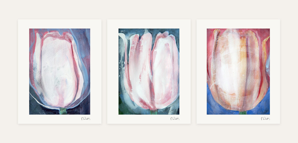 Tulips Up Close · Three – every sheet of the set with its white margin and printed signature, laid out side by side