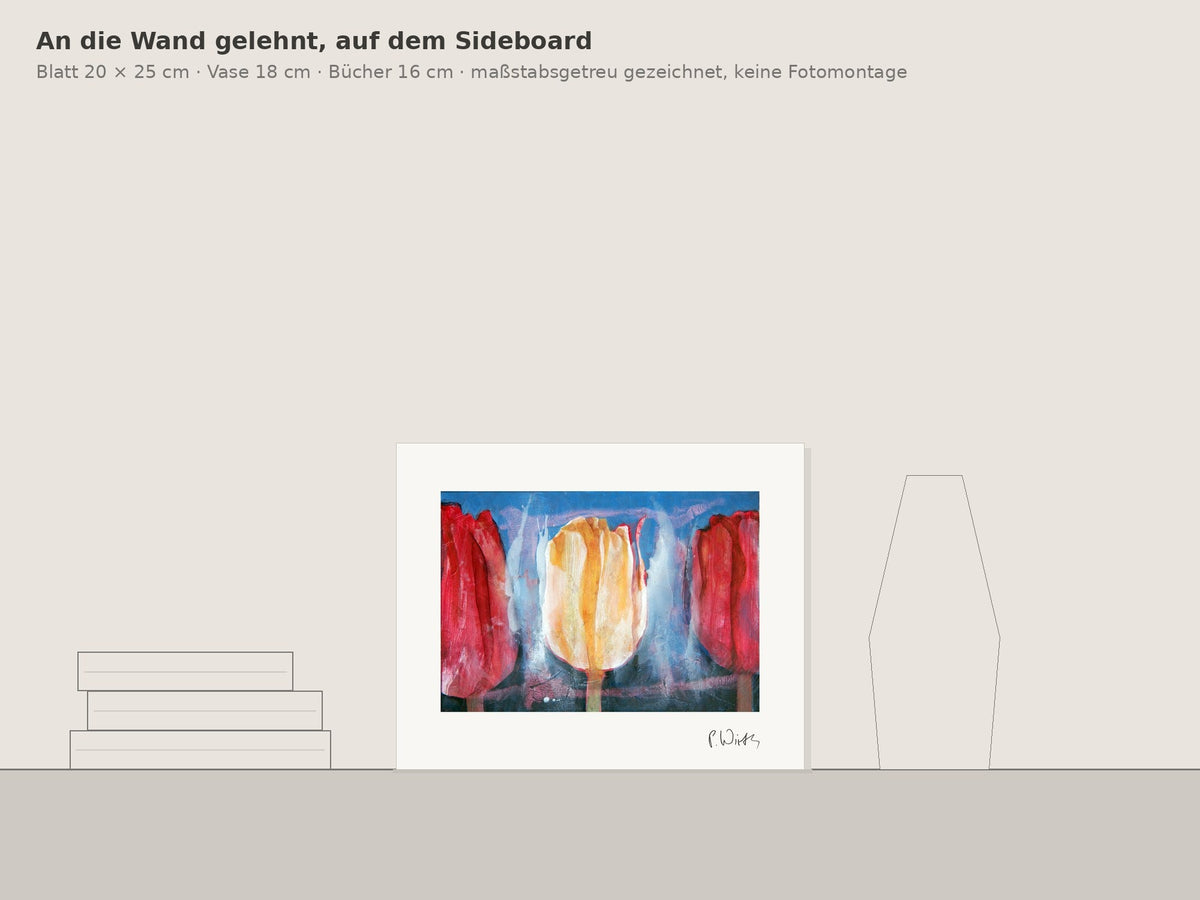 Tulpen II von Peter Wirth, an die Wand gelehnt auf einem Sideboard, maßstabsgetreu gezeichnet
