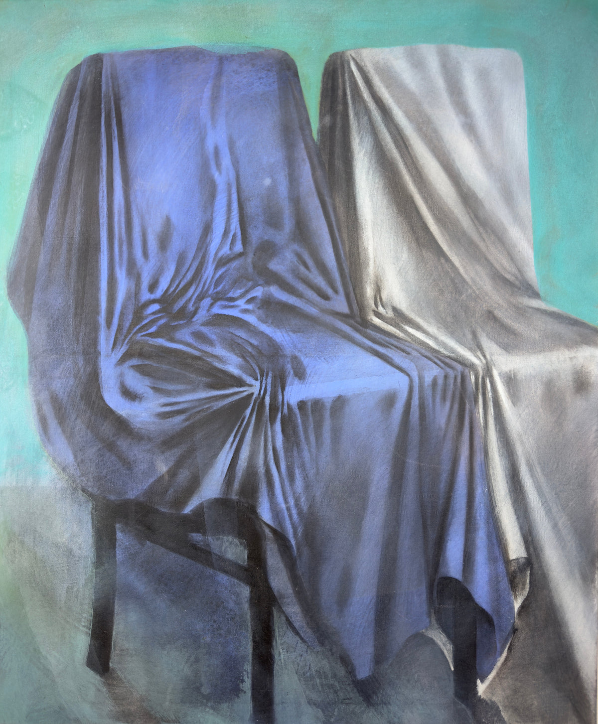 Two veiled chairs side by side, blue-violet and cream, before turquoise — Peter Wirth